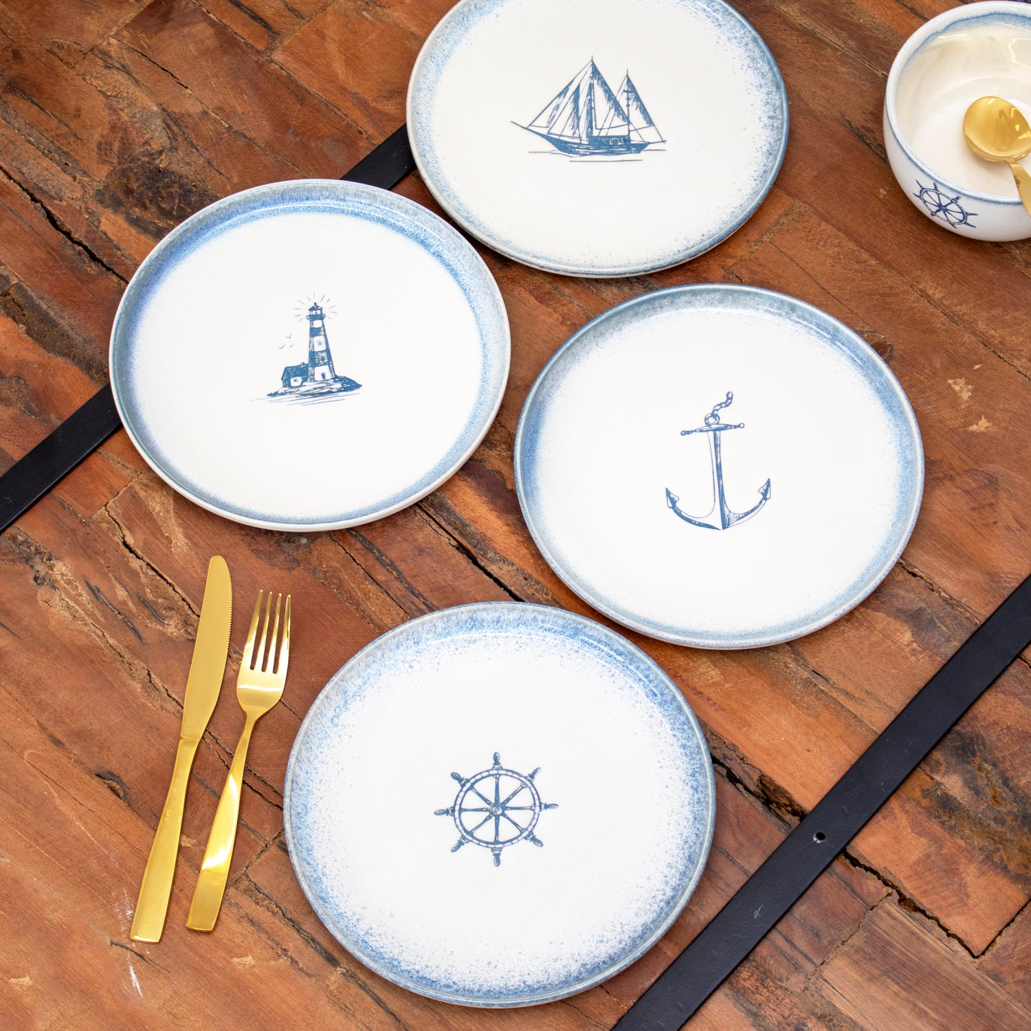 Set Of 4 Stoneware Nautical Side Plates