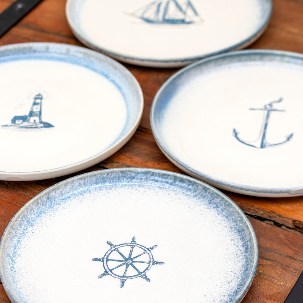 Set Of 4 Stoneware Nautical Side Plates