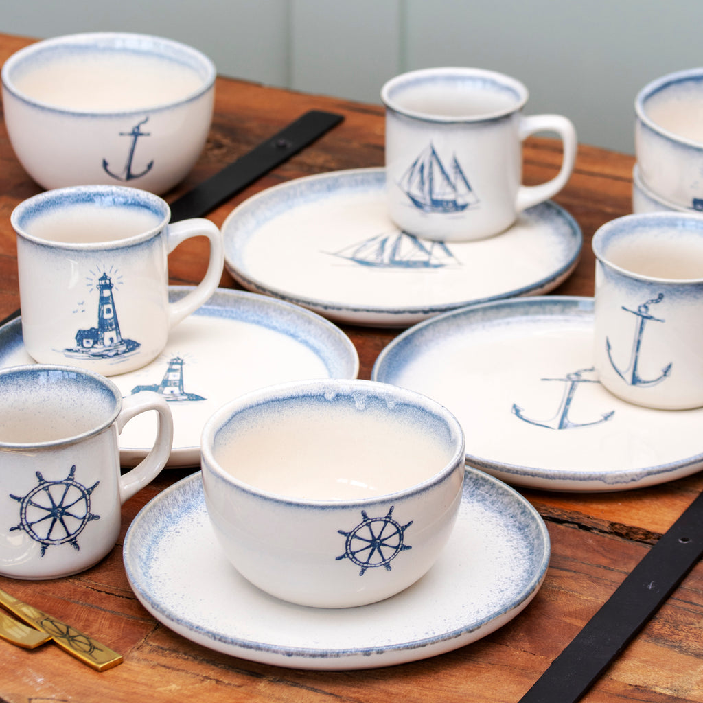 Set Of 4 Stoneware Nautical Mugs