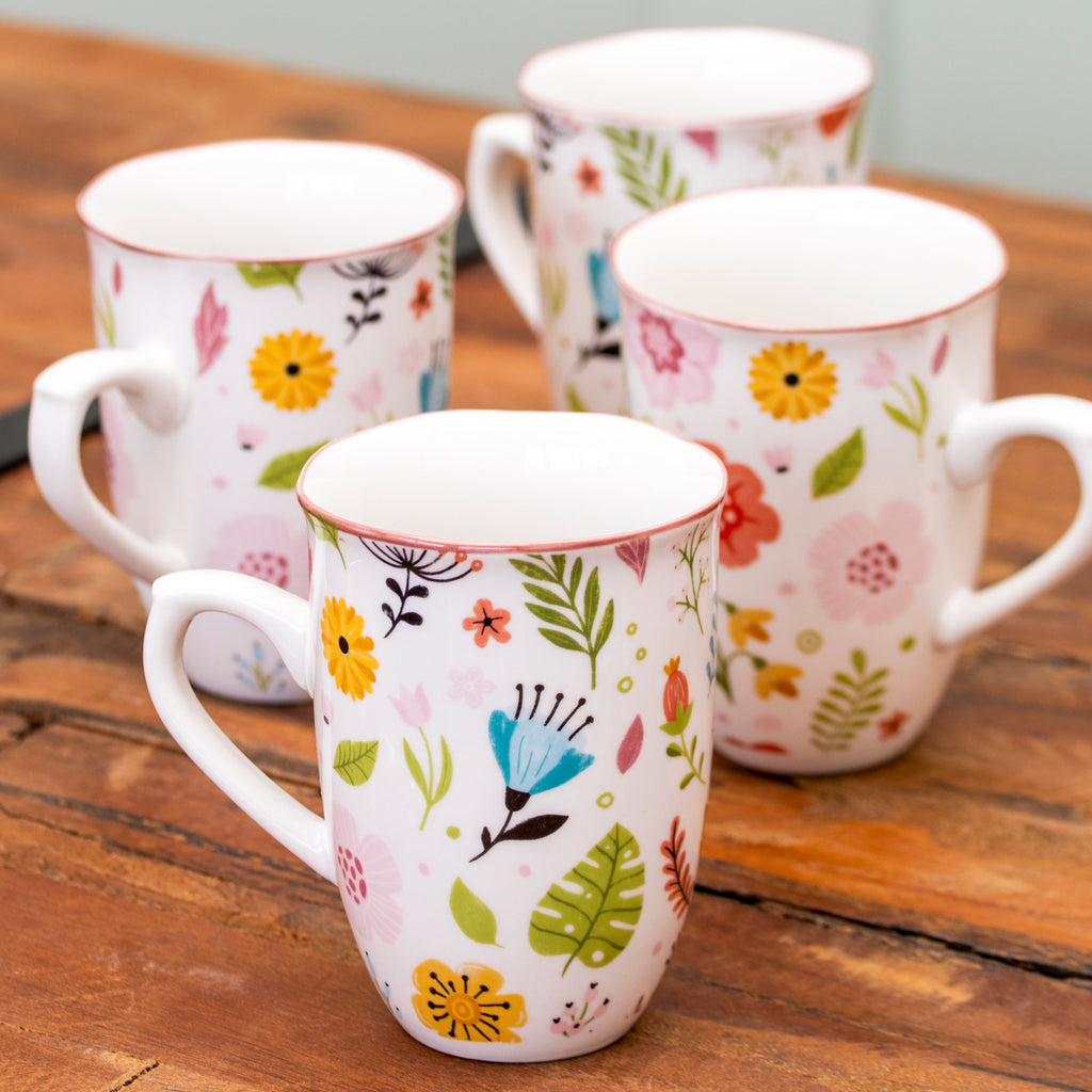 Set Of 4 Floral Print Mugs