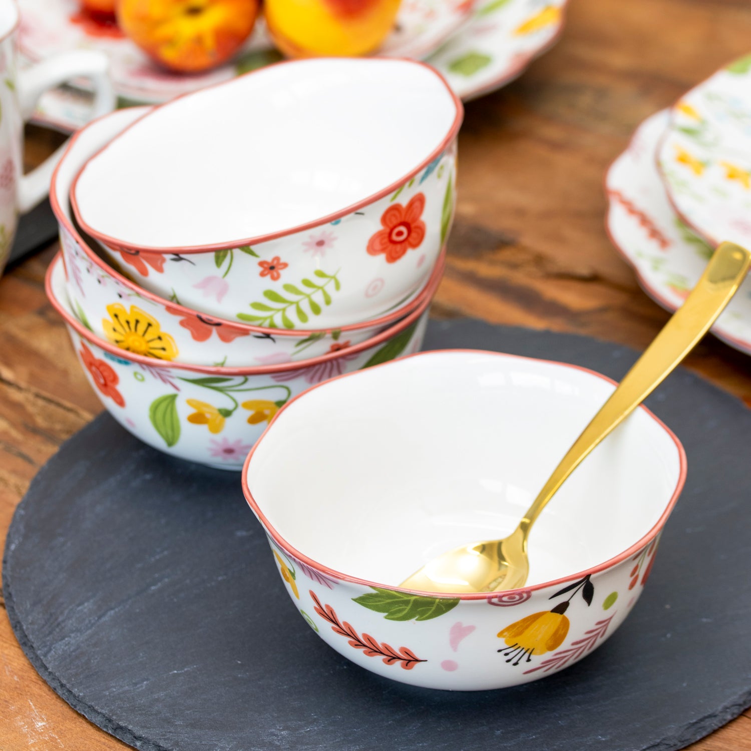 Set Of 4 Floral Print Cereal Bowls