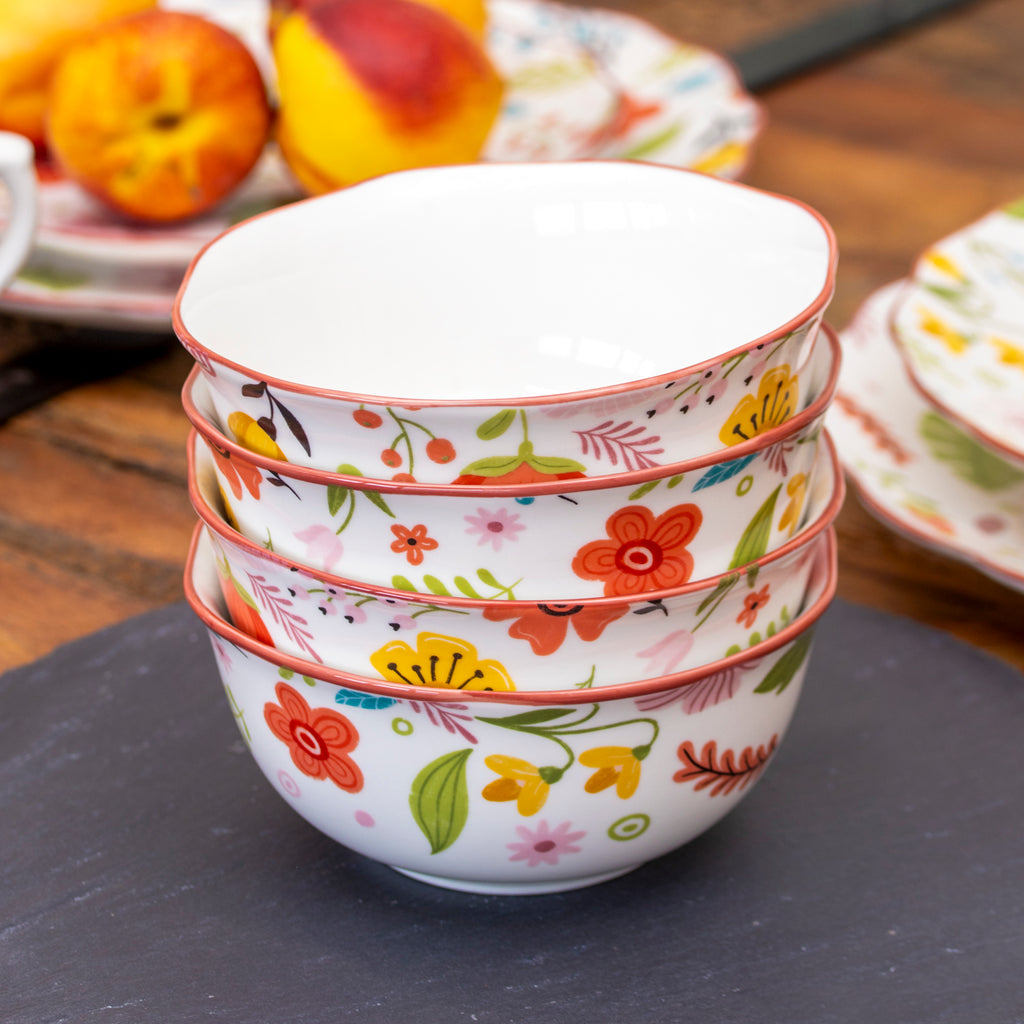 Set Of 4 Floral Print Cereal Bowls