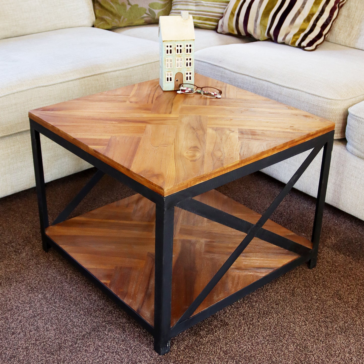 Square Teak And Metal Coffee Table