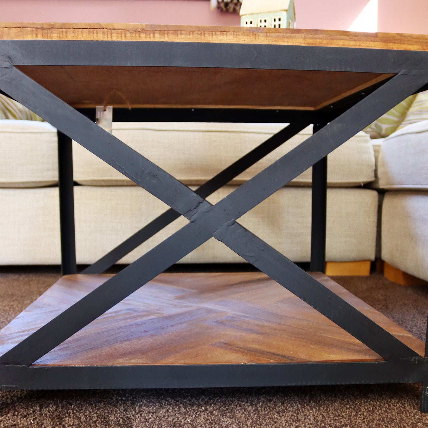 Square Teak And Metal Coffee Table