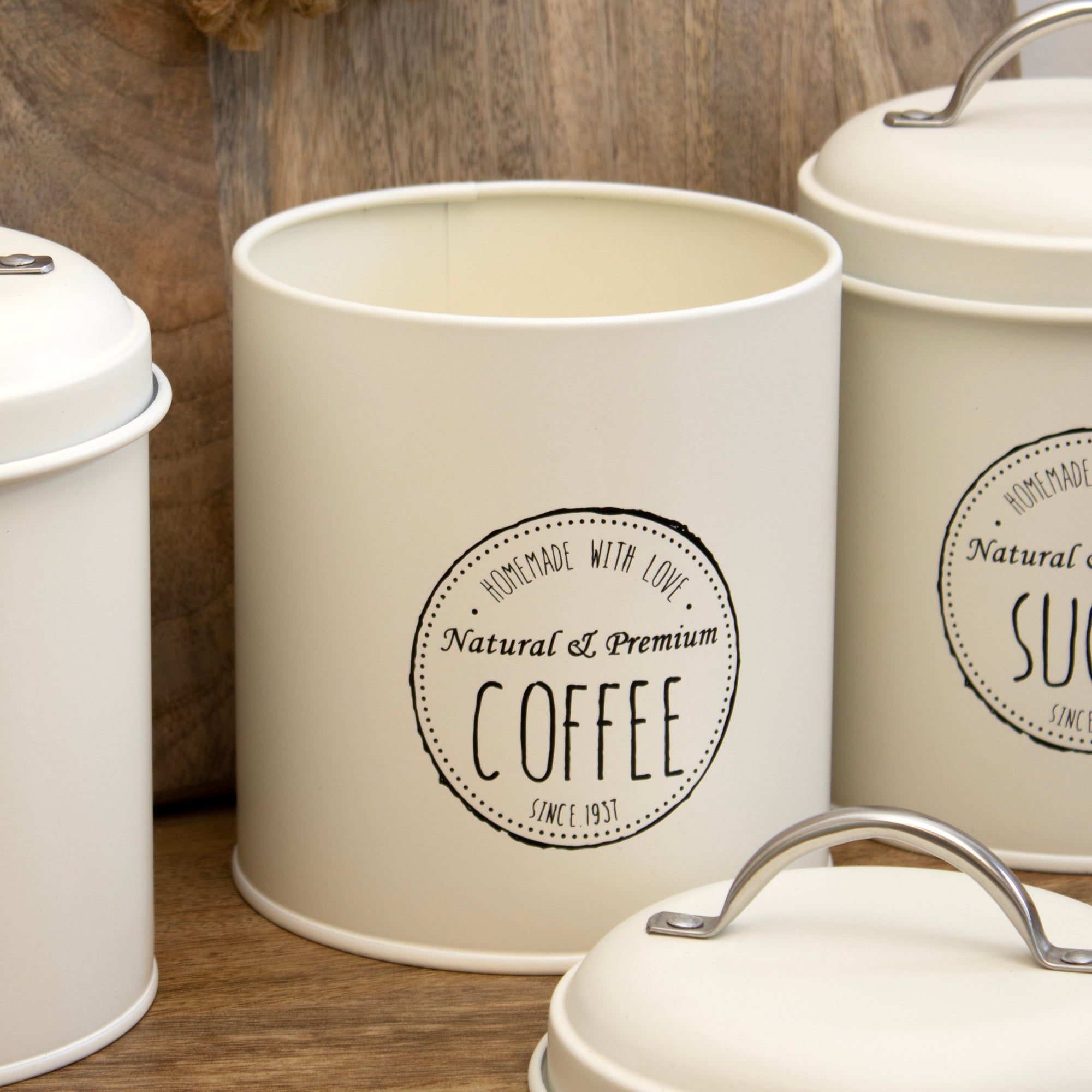 Set Of 3 Matt Cream Tea Coffee Sugar Canisters