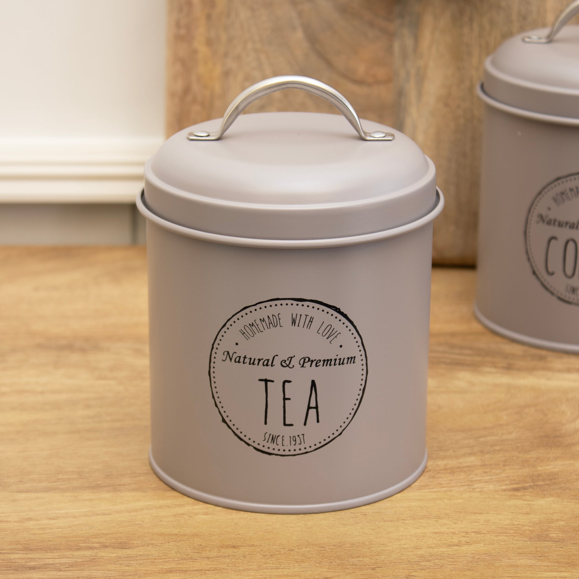 Set Of 3 Matt Grey Tea Coffee Sugar Canisters