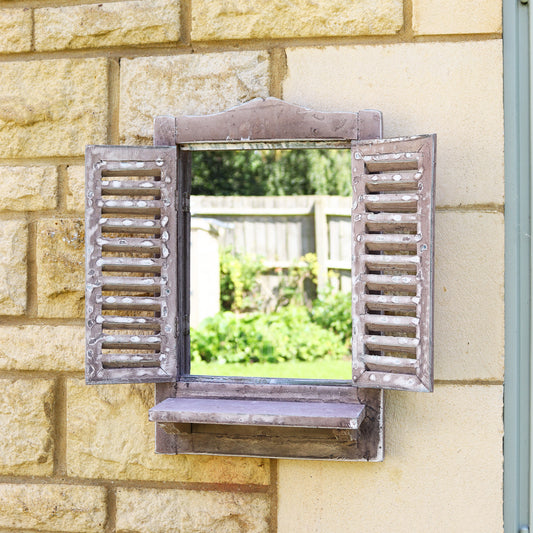 Brown Shutter Window Wall Mirror With Shelf