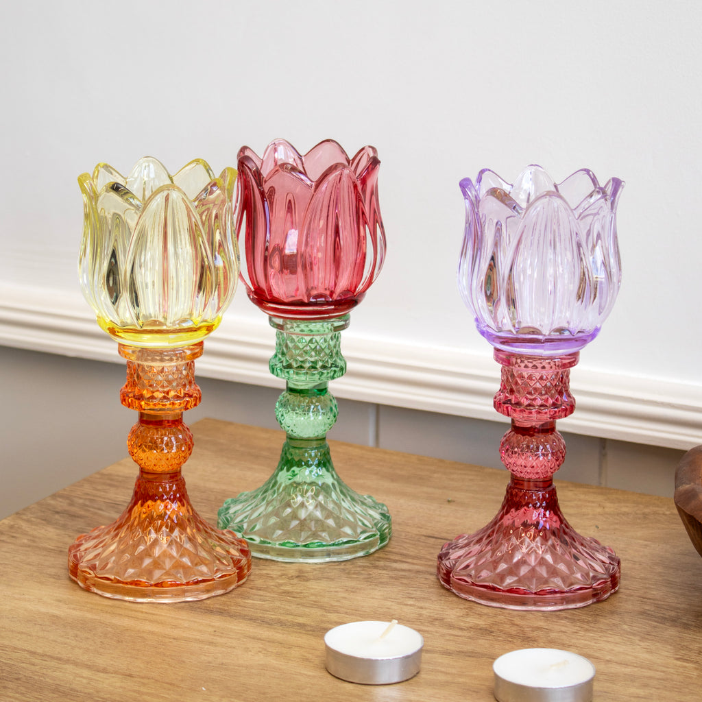 Set Of 3 Multi Glass Stem Tulip Candle Holders