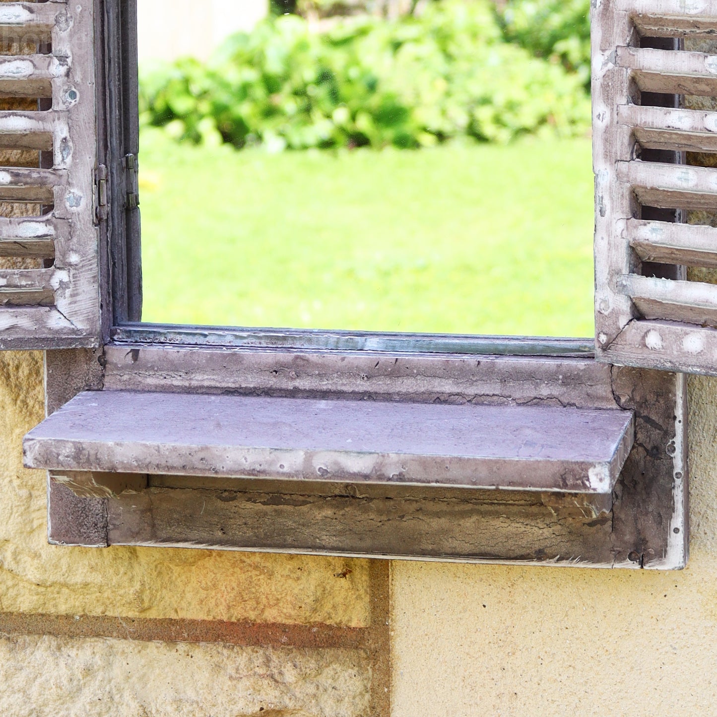 Brown Shutter Window Wall Mirror With Shelf