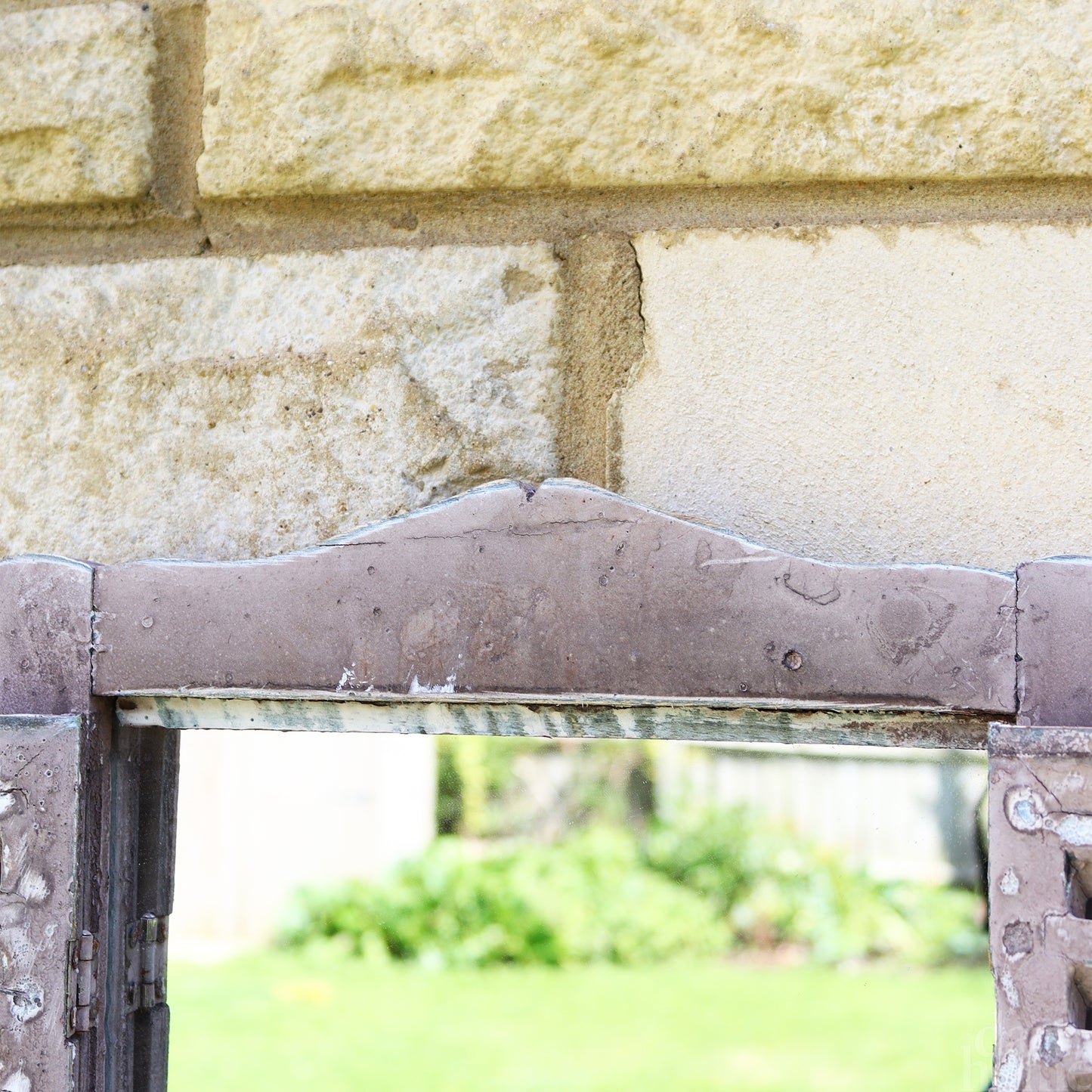 Brown Shutter Window Wall Mirror With Shelf