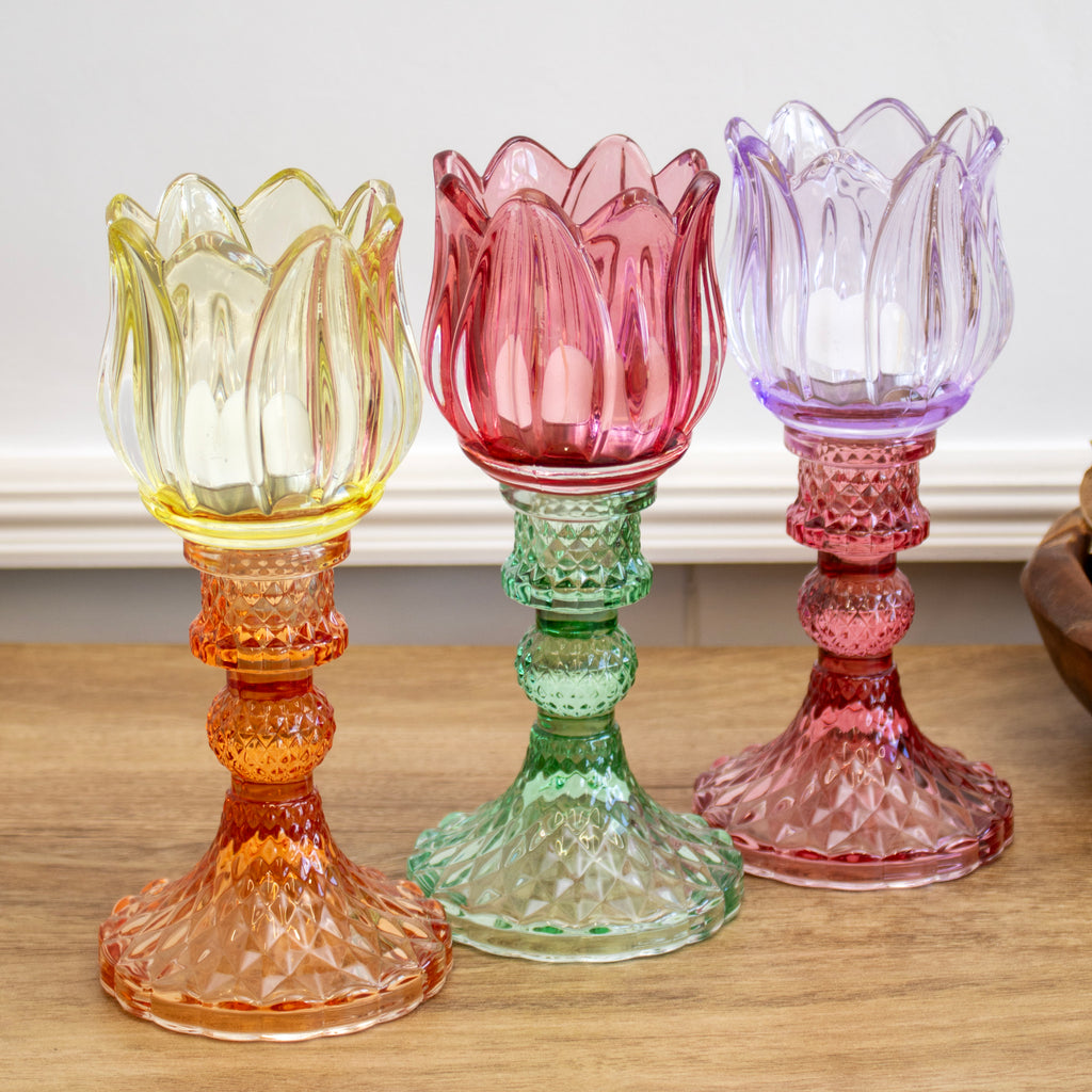 Set Of 3 Multi Glass Stem Tulip Candle Holders