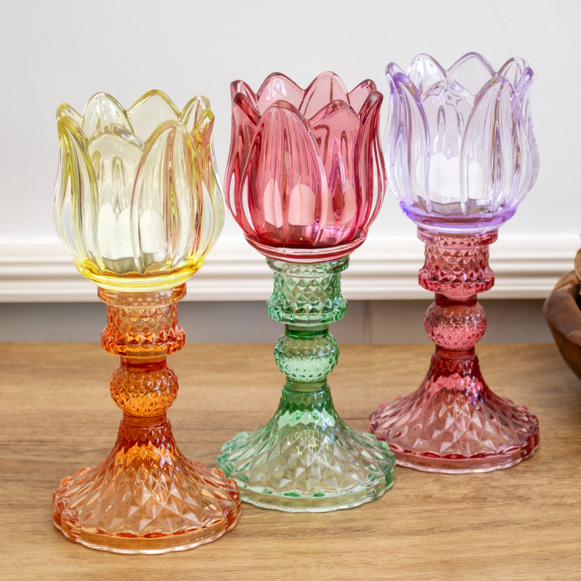 Set Of 3 Multi Glass Stem Tulip Candle Holders