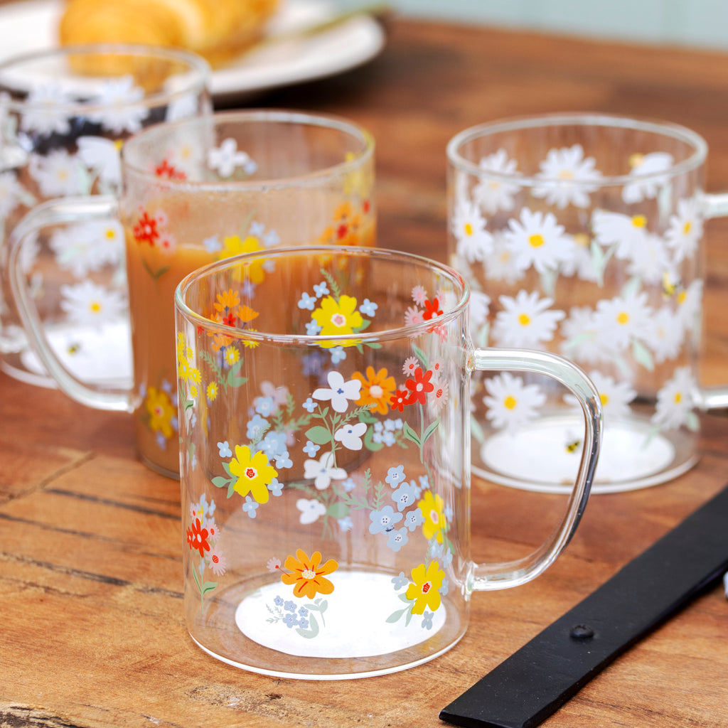 Set Of 4 Daisy Floral Glass Mugs