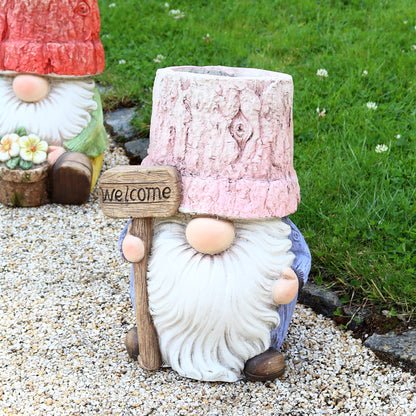 Rustic Pink Welcome Gnome Planter