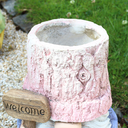 Rustic Pink Welcome Gnome Planter