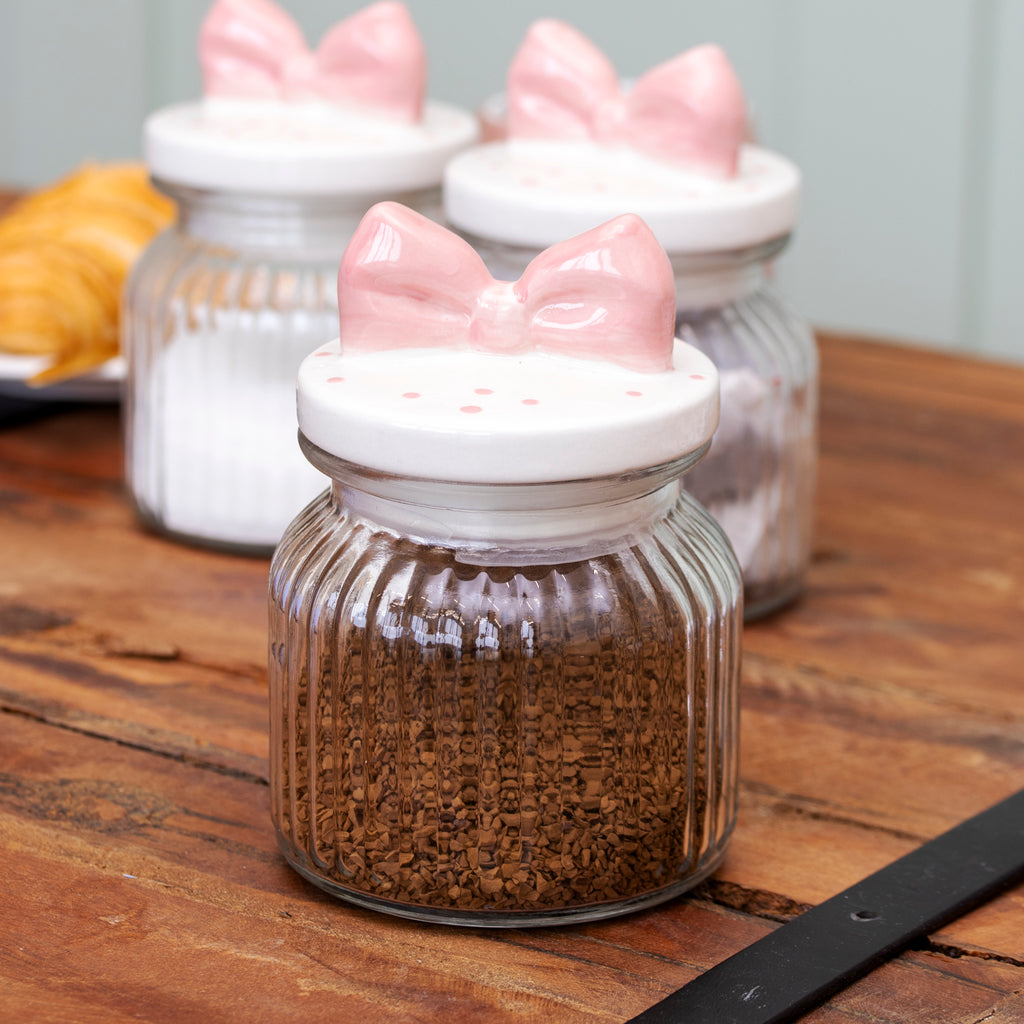 Set Of 3 Pink Bow Ribbed Glass Storage Jars