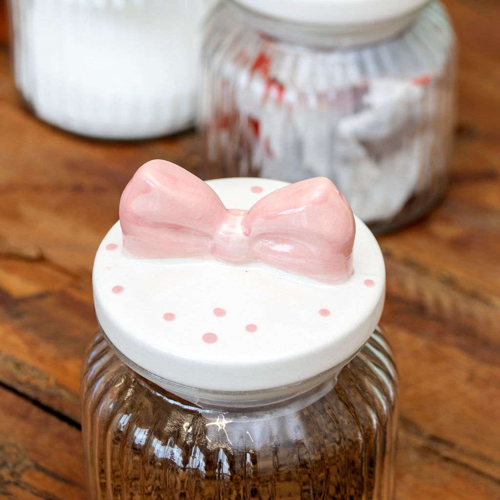 Set Of 3 Pink Bow Ribbed Glass Storage Jars