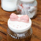 Set Of 3 Pink Bow Ribbed Glass Storage Jars