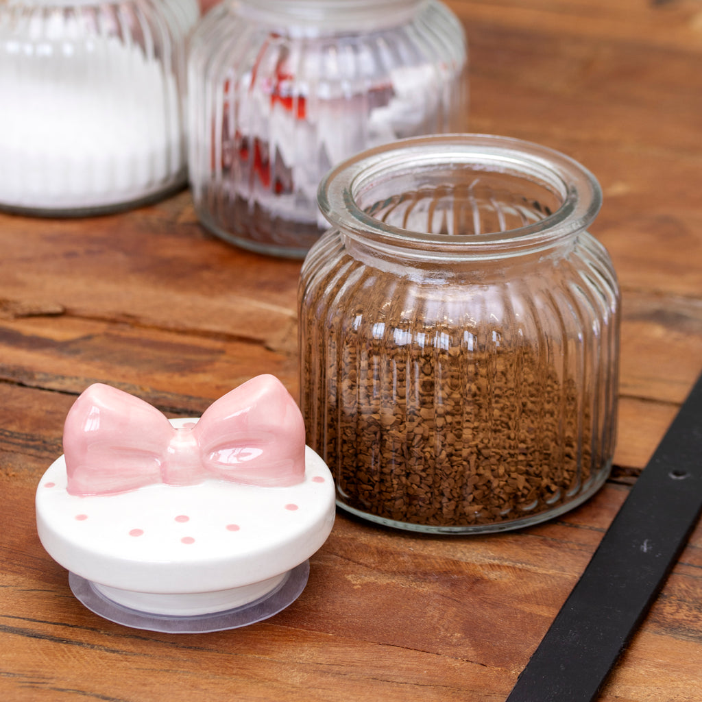 Set Of 3 Pink Bow Ribbed Glass Storage Jars