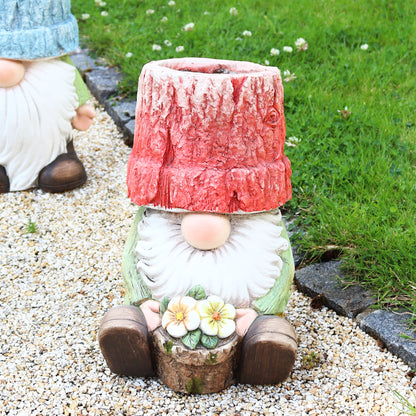 Rustic Red Flower Gnome Planter