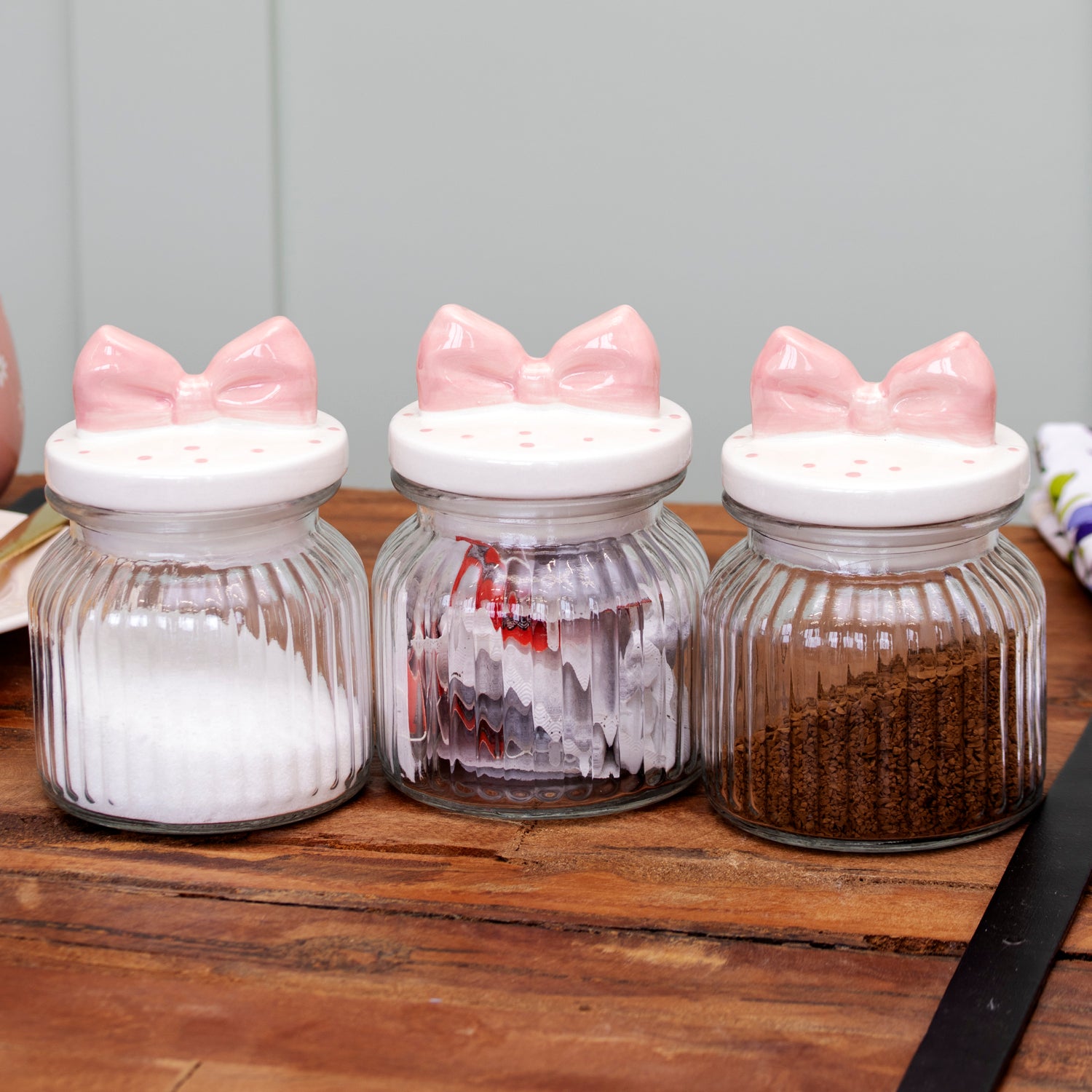 Set Of 3 Pink Bow Ribbed Glass Storage Jars