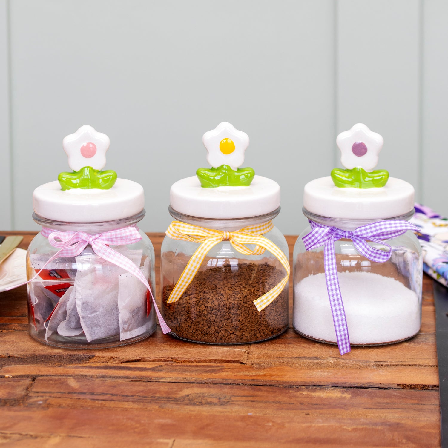 Set Of 3 Flower Lid Glass Storage Jars