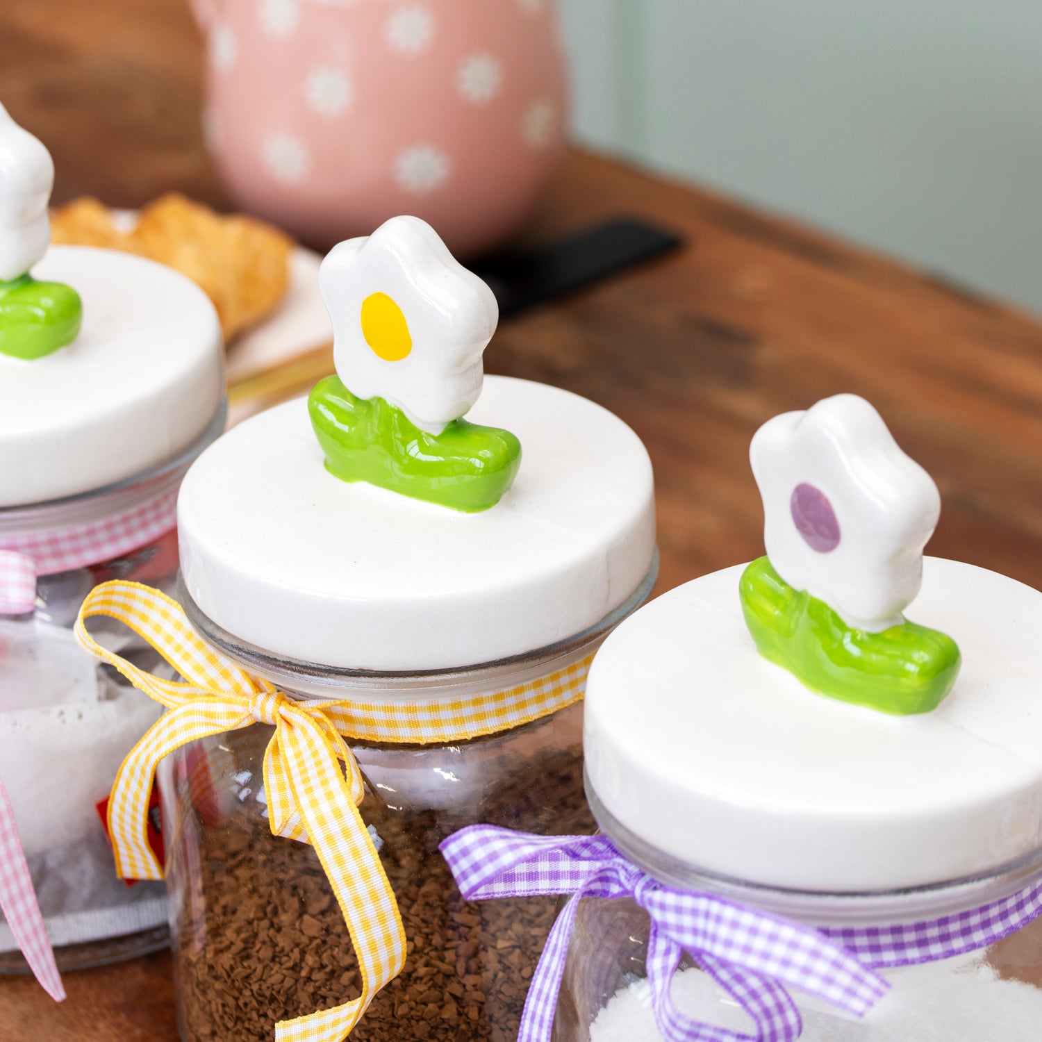 Set Of 3 Flower Lid Glass Storage Jars