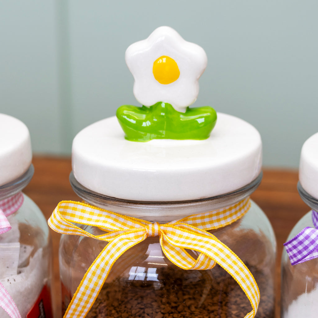 Set Of 3 Flower Lid Glass Storage Jars