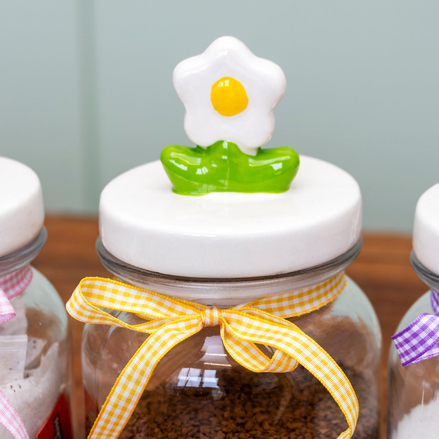 Set Of 3 Flower Lid Glass Storage Jars