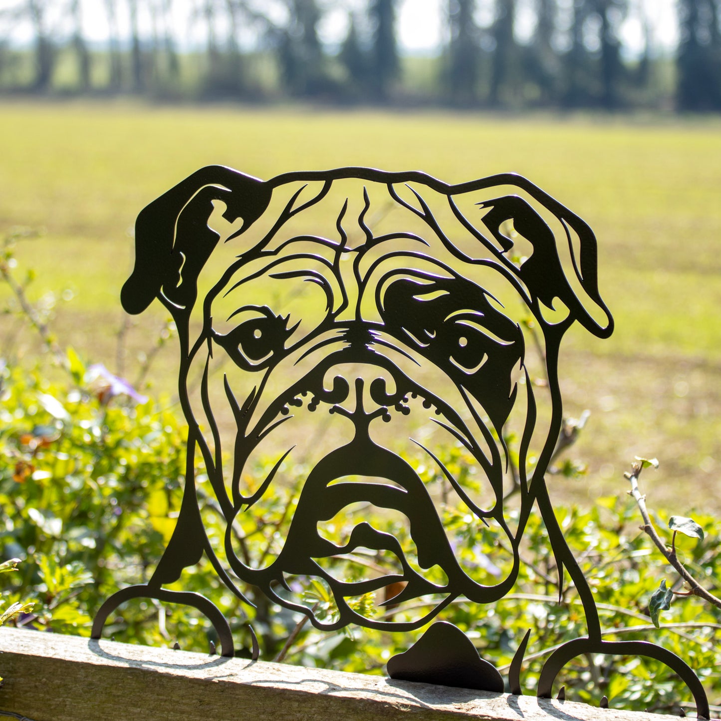 Black Metal Peeking English Bulldog Fence Topper