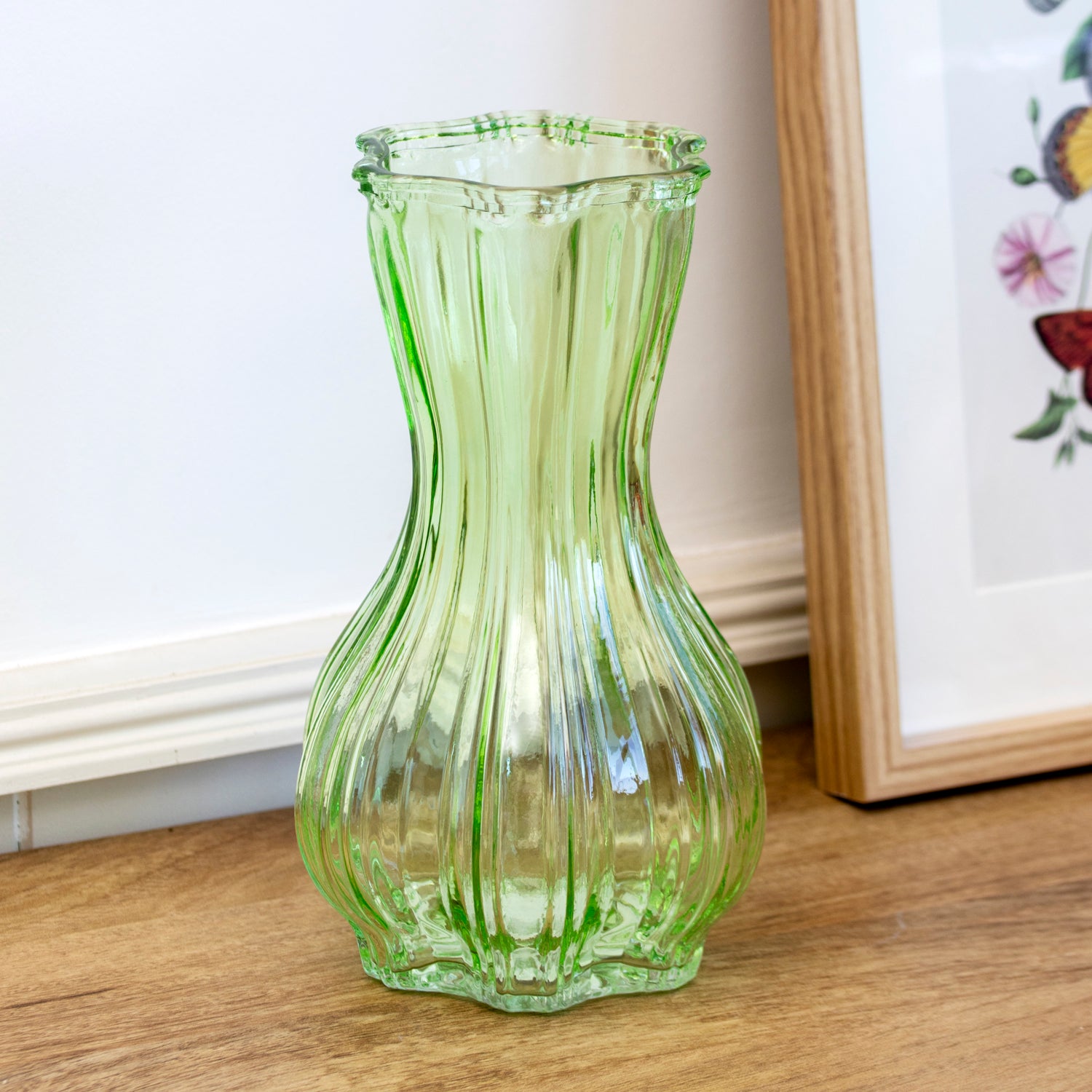 Green Fluted Ribbed Glass Vase