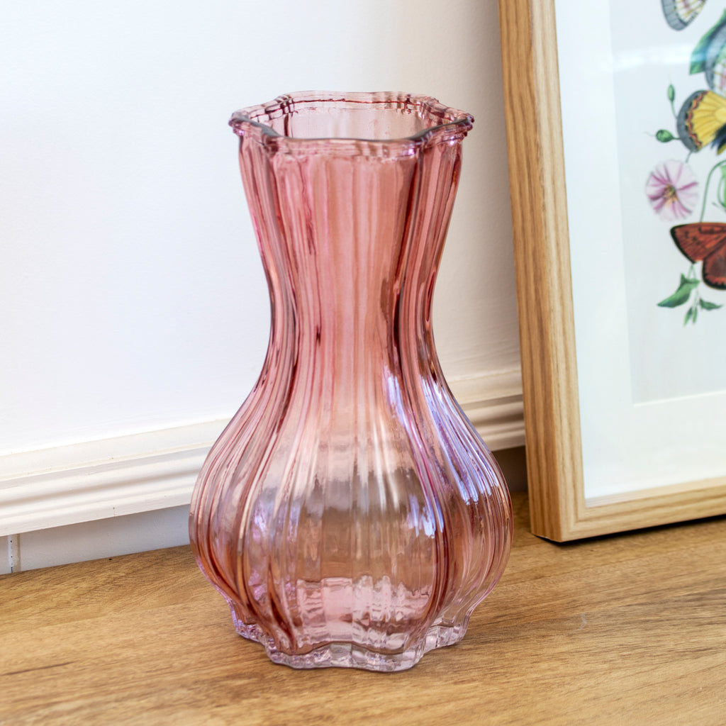 Pink Fluted Ribbed Glass Vase