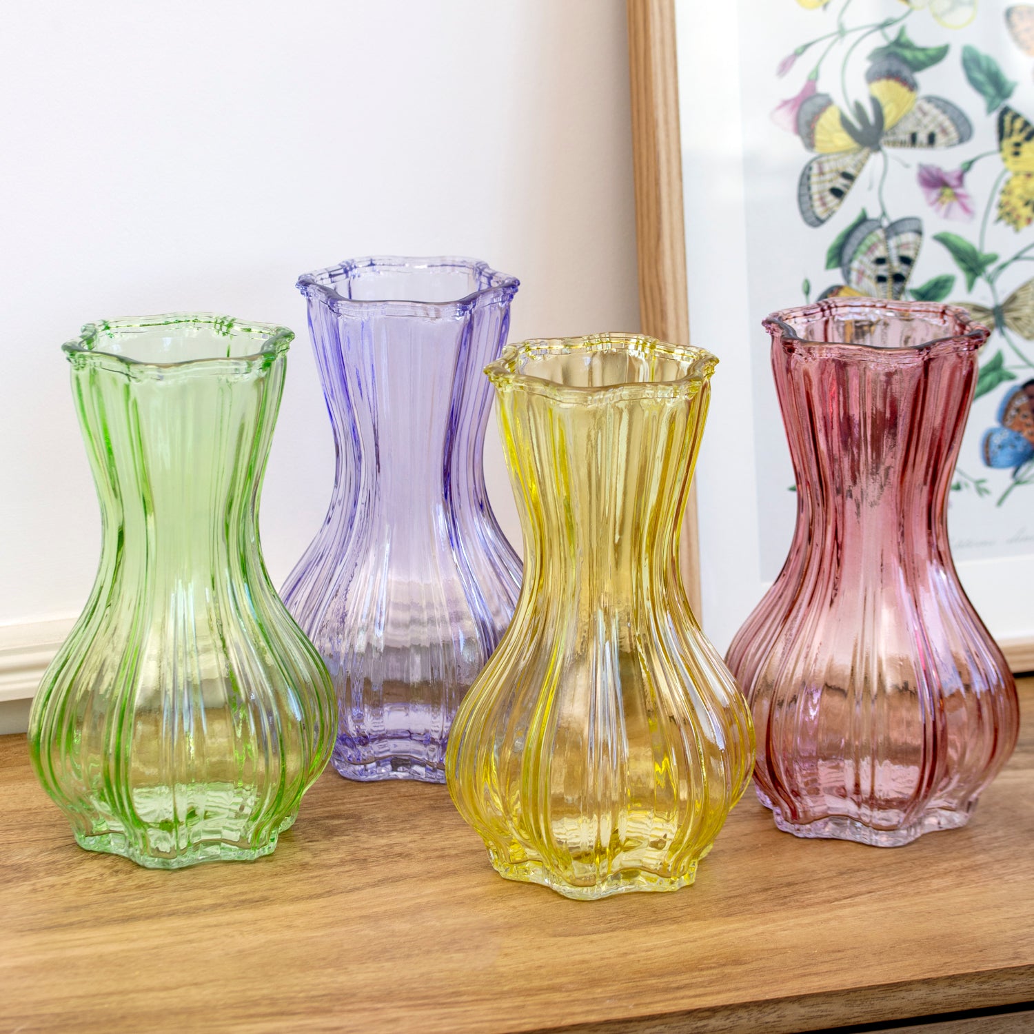 Set Of 4 Fluted Ribbed Glass Vases
