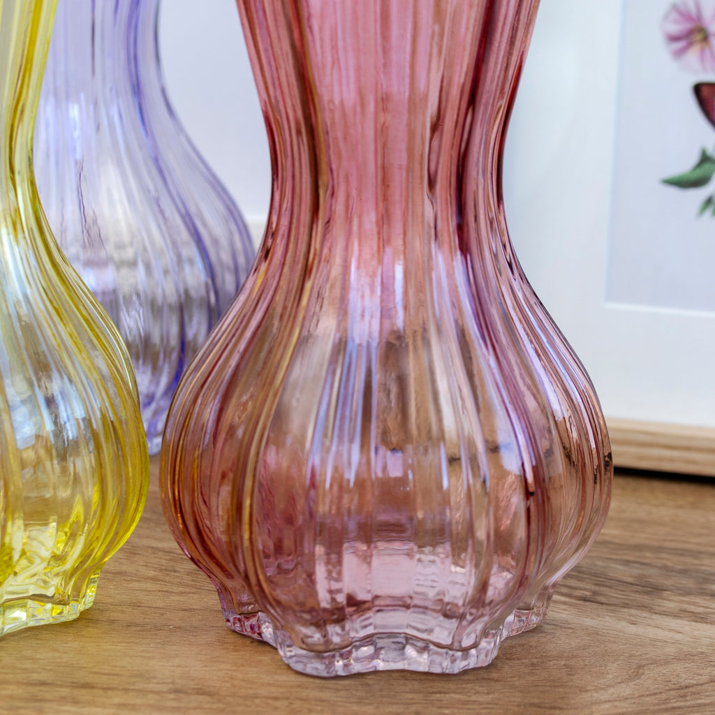 Set Of 4 Fluted Ribbed Glass Vases