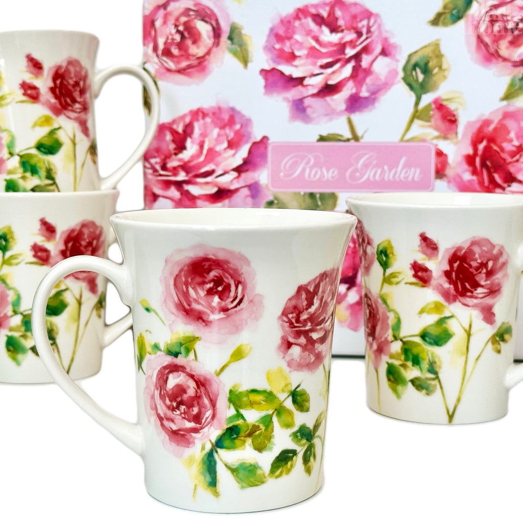 Set Of 4 Pink Rose Garden Mugs Giftboxed