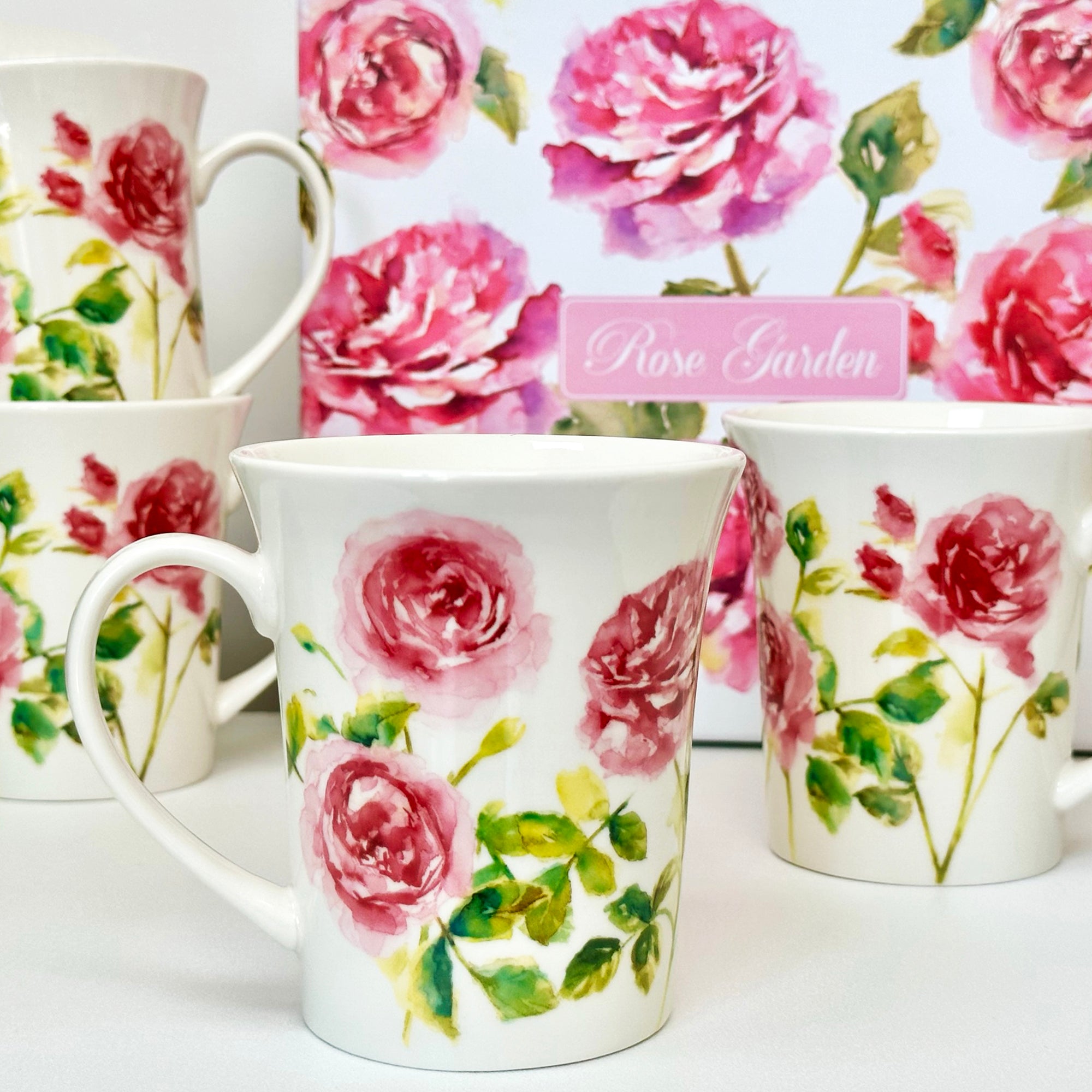 Set Of 4 Pink Rose Garden Mugs Giftboxed