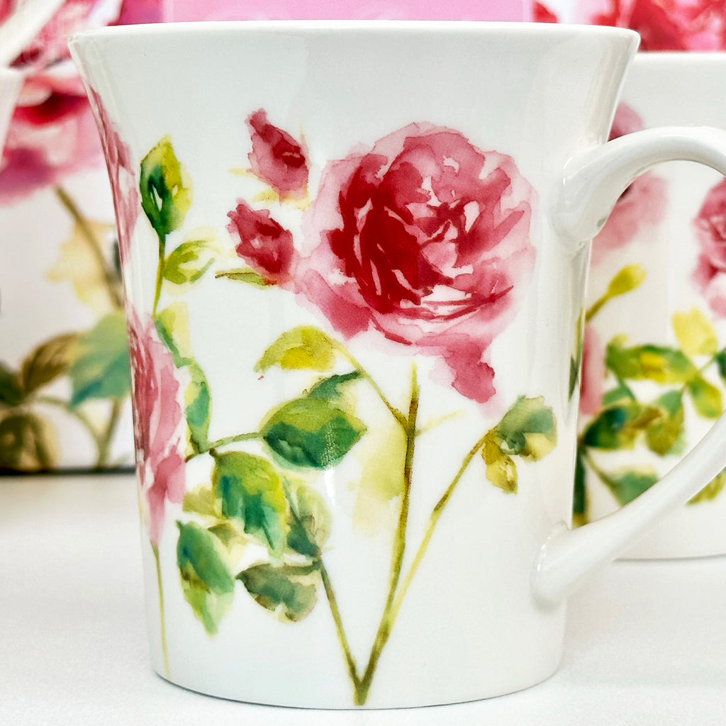 Set Of 4 Pink Rose Garden Mugs Giftboxed
