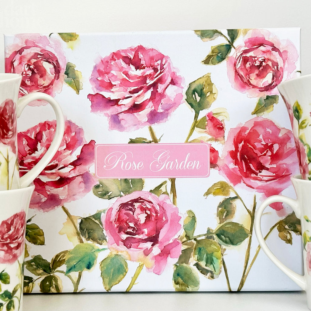 Set Of 4 Pink Rose Garden Mugs Giftboxed