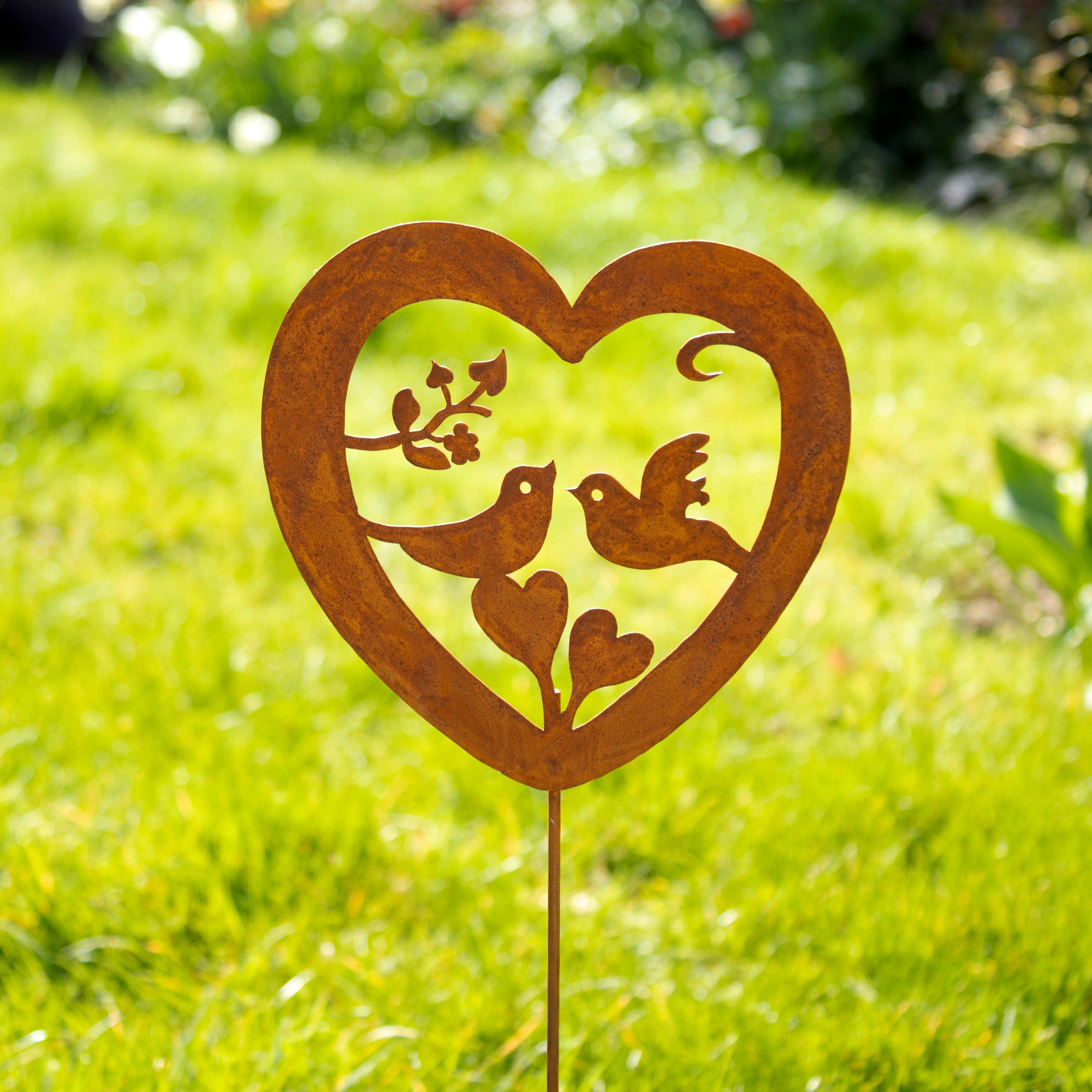 Rusty Love Heart Birds Garden Stake
