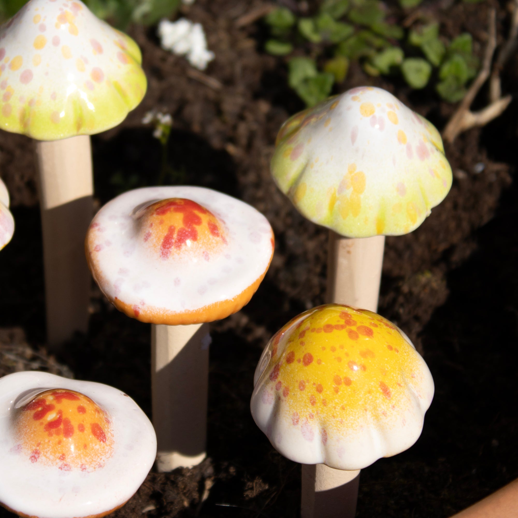 Set Of 6 Ceramic Toadstool Stakes