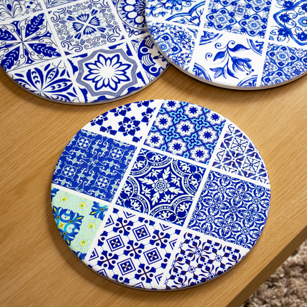 Set Of 6 Blue & White Mediterranean Tile Placemats
