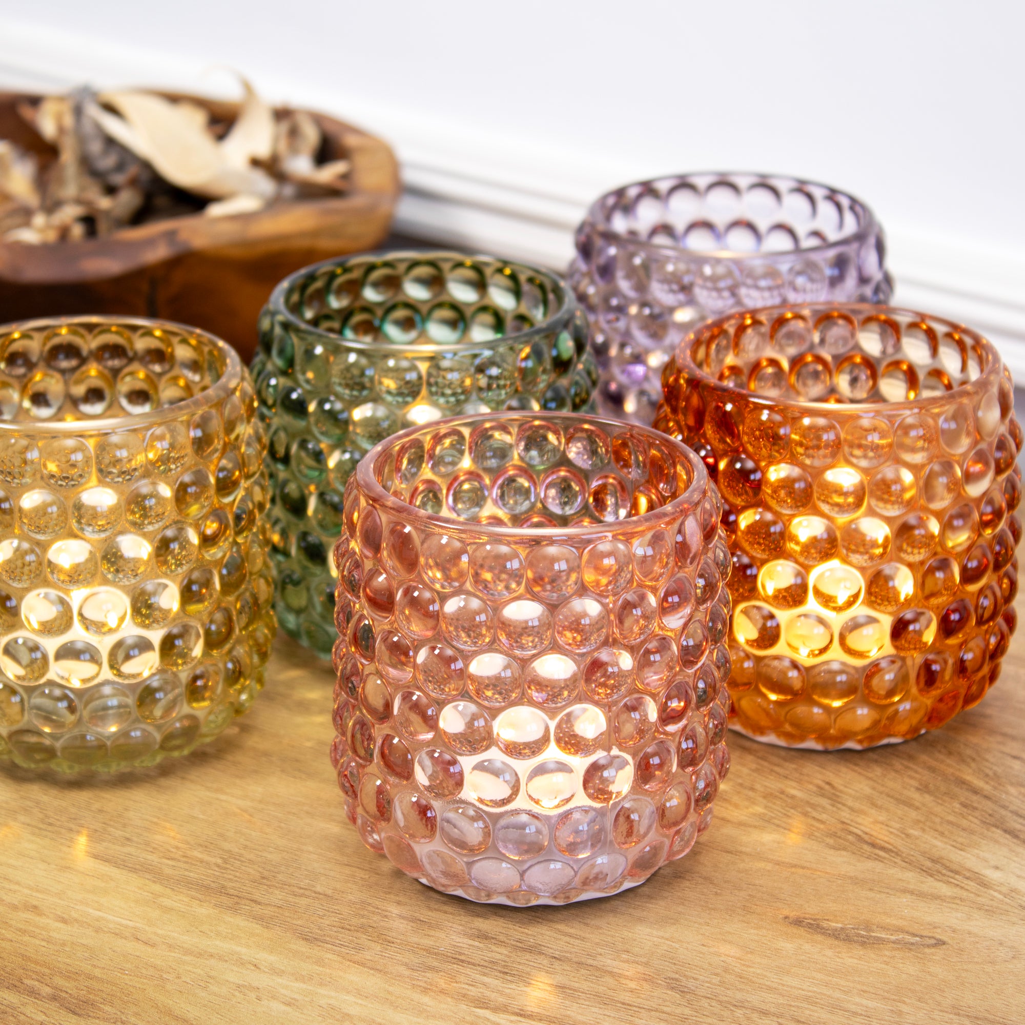 Set Of 5 Multi Bobble Glass Tea Light Holders