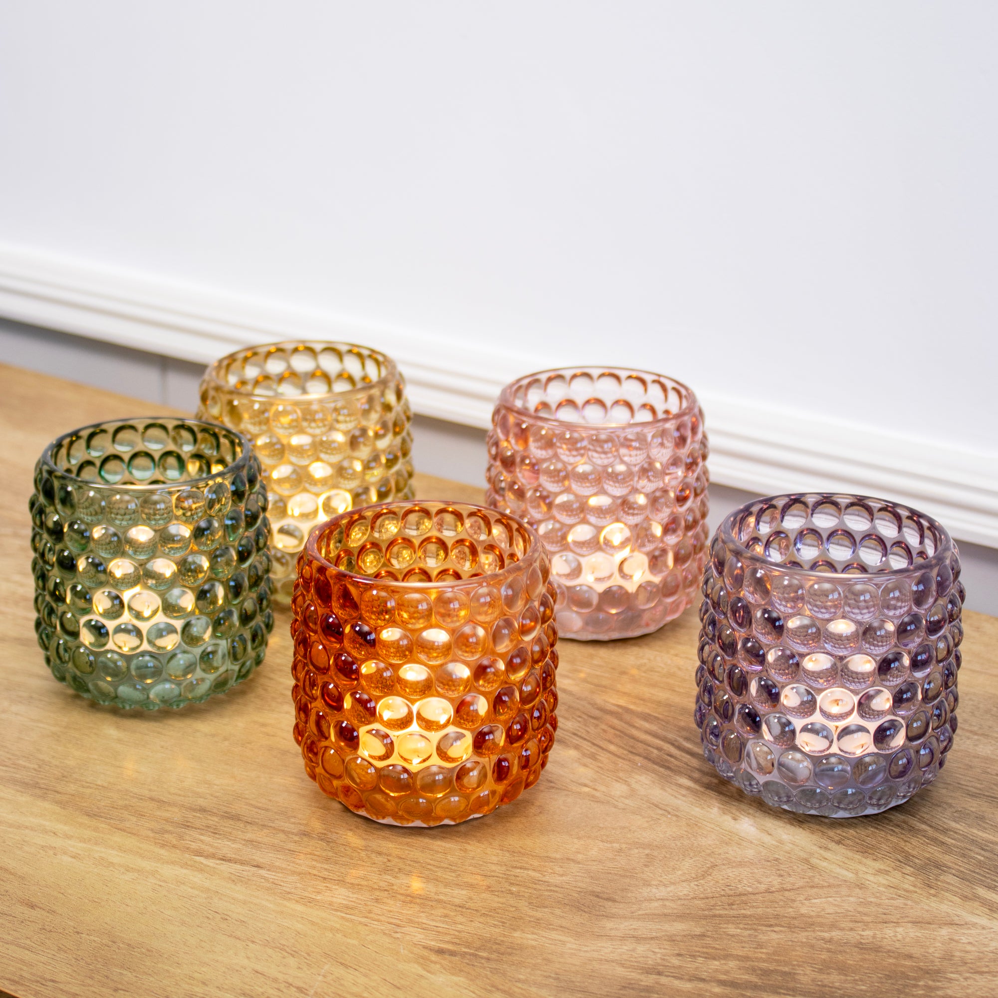 Set Of 5 Multi Bobble Glass Tea Light Holders