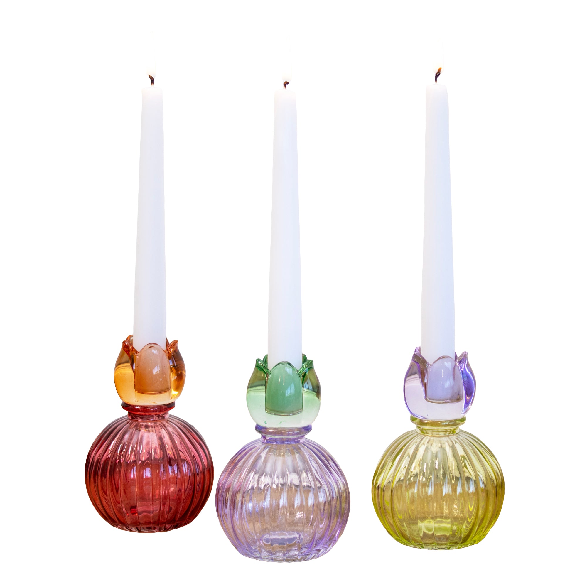 Set Of 3 Multi Glass Ball Tulip Candlestick Holders
