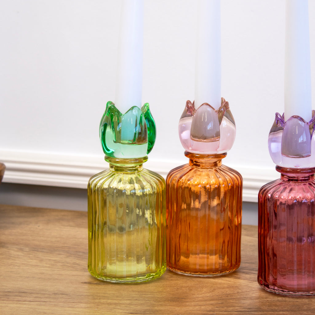 Set Of 3 Multi Glass Bottle Tulip Candlestick Holders