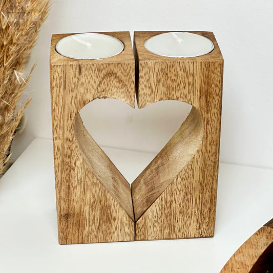 Wood Block Love Heart Tea Light Holder