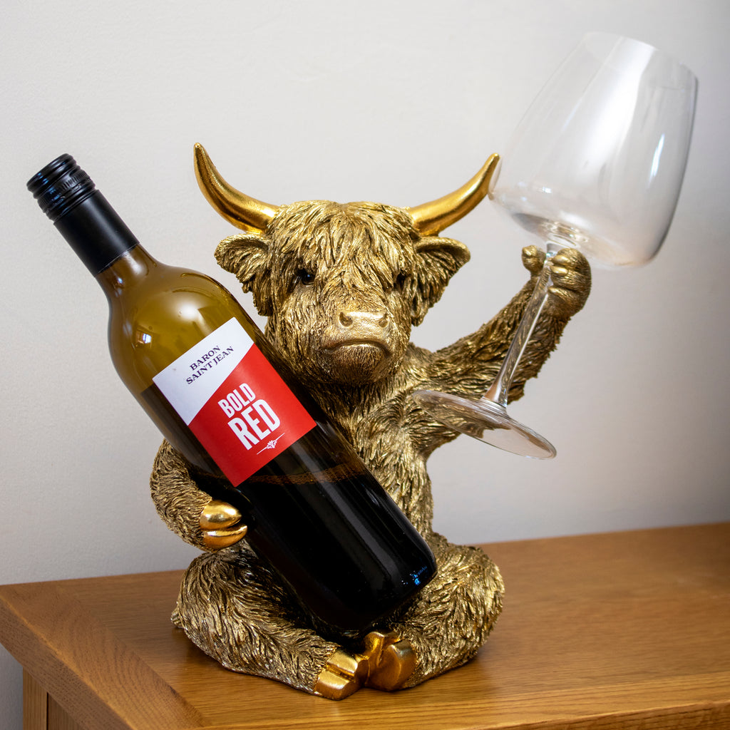 Gold Highland Cow Wine Bottle & Glass Holder