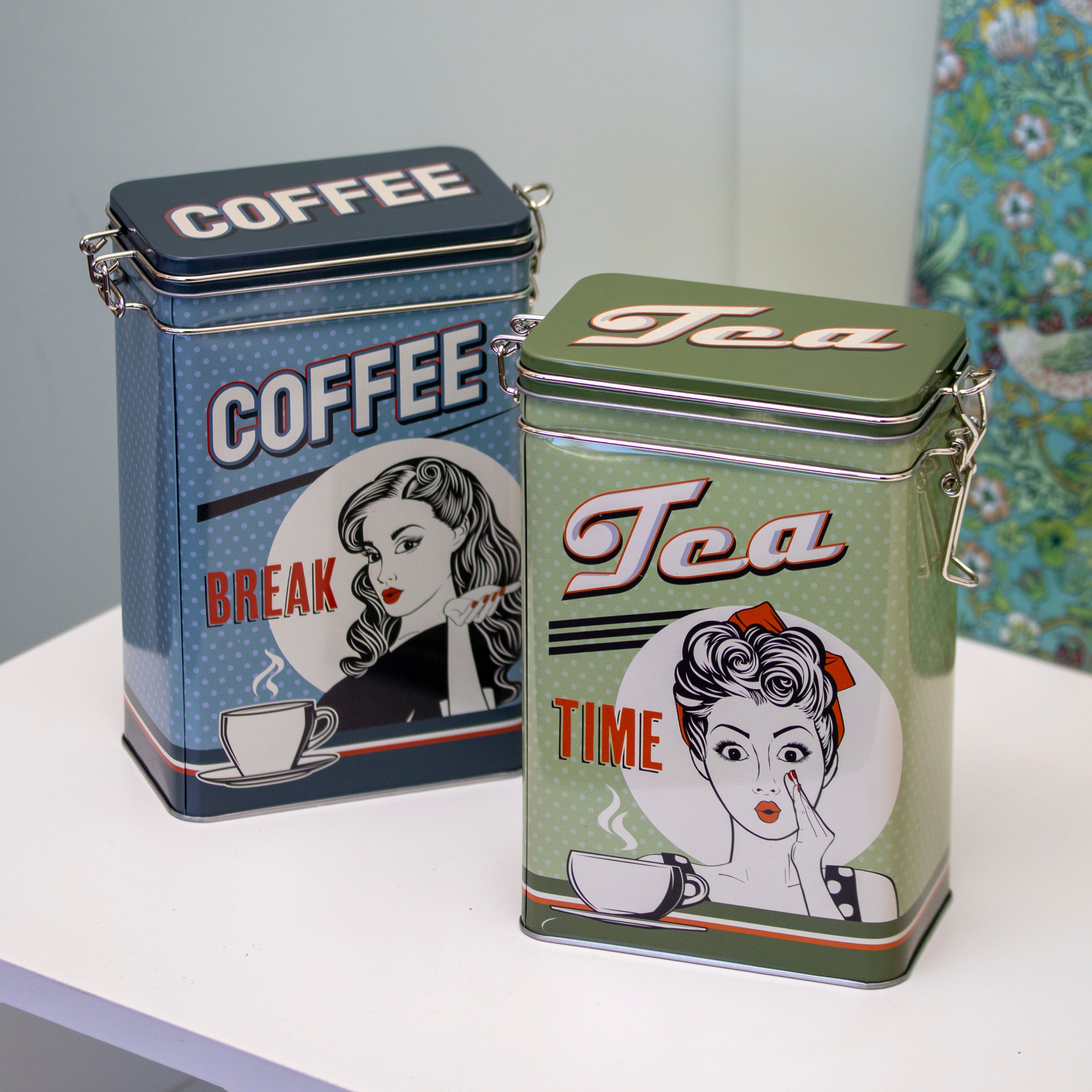 Set Of 2 Retro Pin Up Tea Coffee Storage Tins