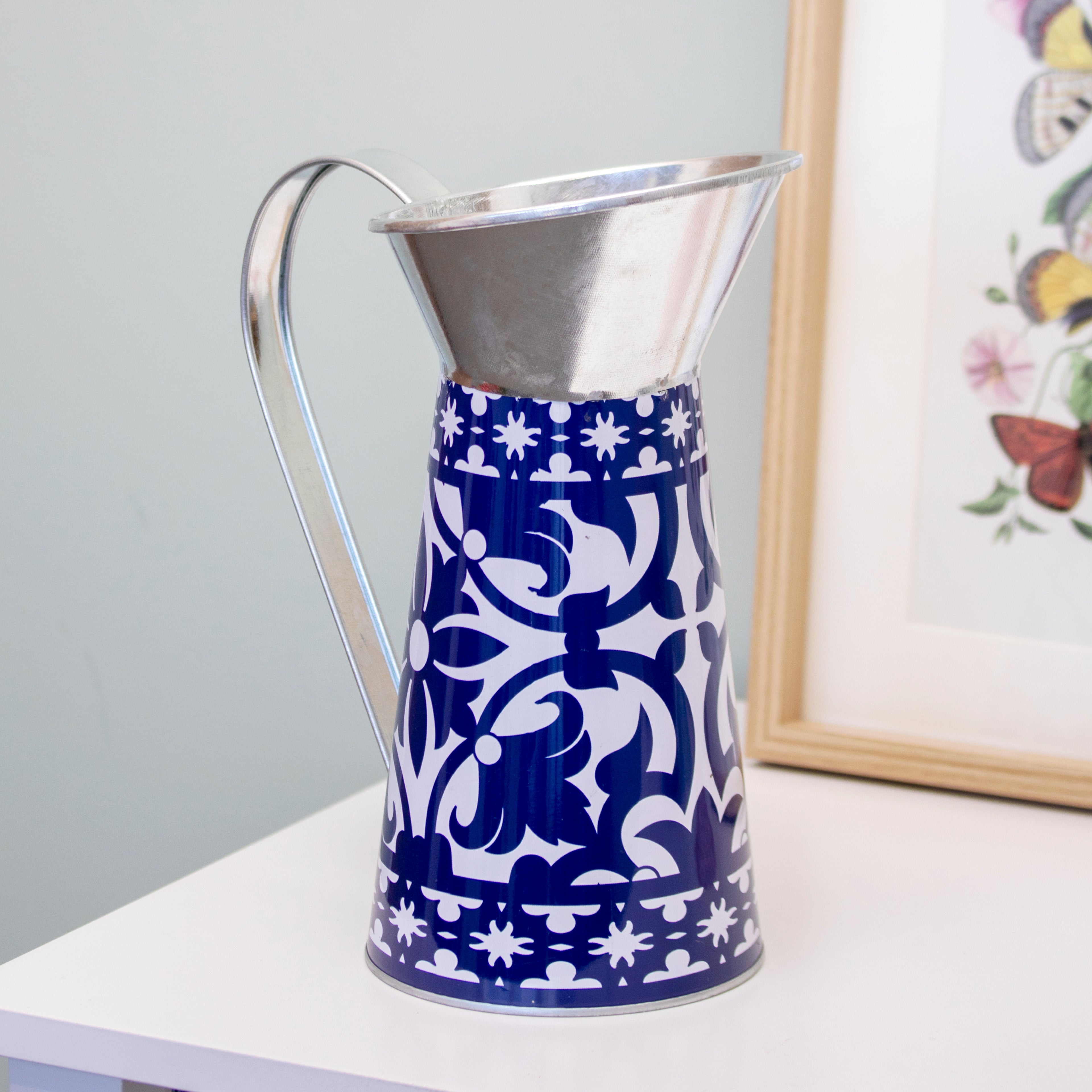 Mediterranean Blue & White Metal Jug Vase
