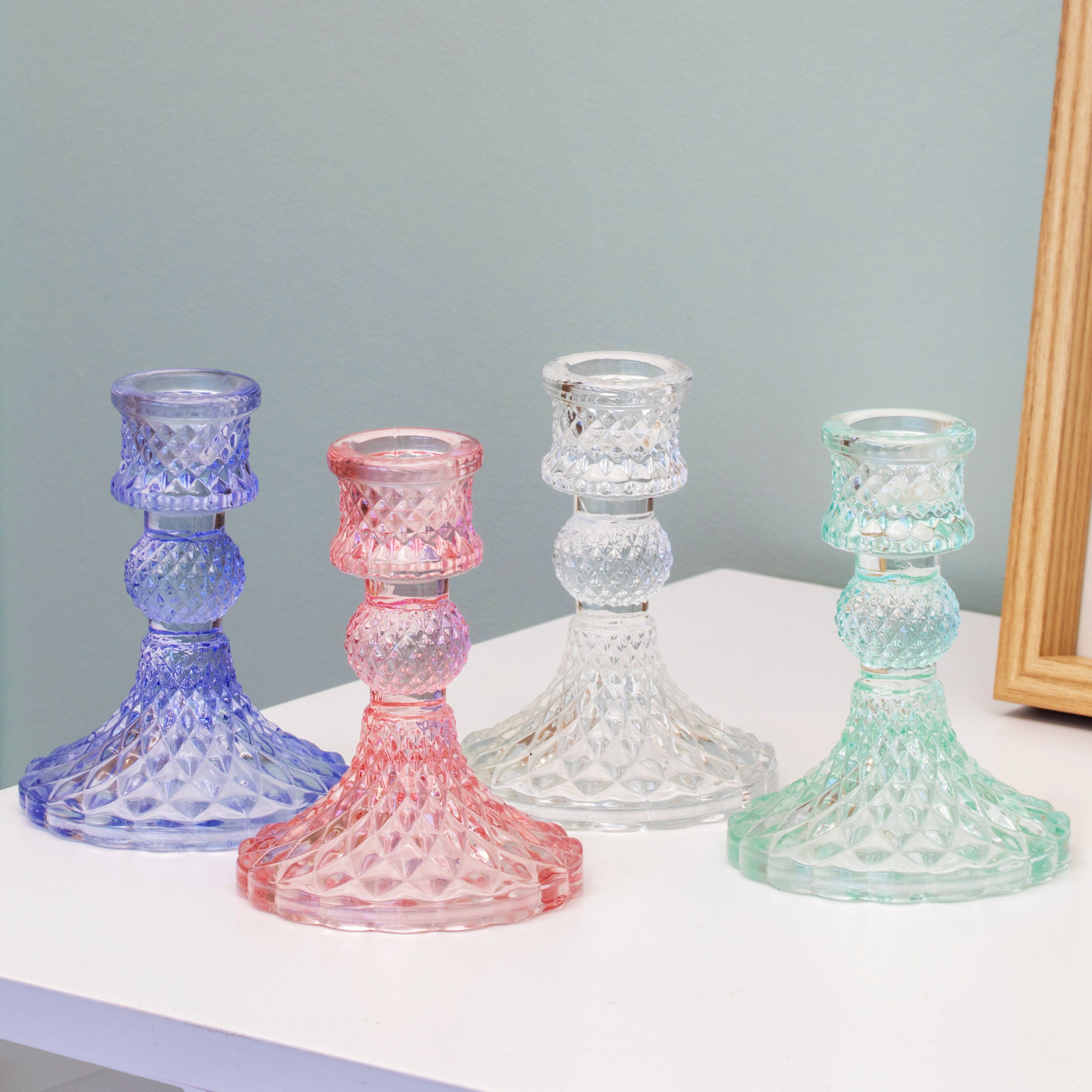 Set Of 4 Pastel Jewel Glass Candlestick Holders